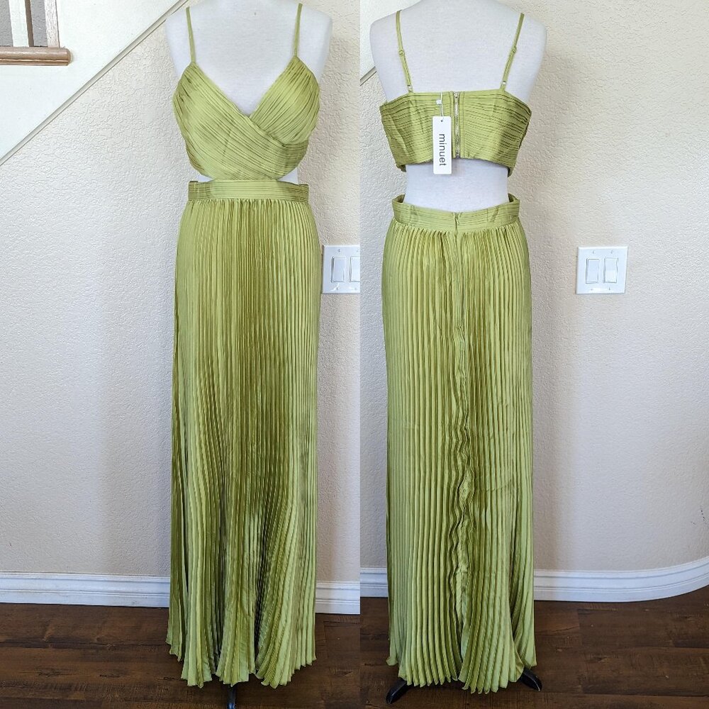 Lime Green Pleated Cutout Formal Wedding Party Maxi Dress 8 - Picture 2 of 5